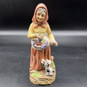 Vintage Homco Porcelain Old Farmers Woman Figurine With Fruit & Puppy # 1417